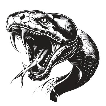 recommend clip art: Black and white illustration of a fierce, open-mouthed snake with details. Perfect for tattoo design, art prints, and graphic projects.