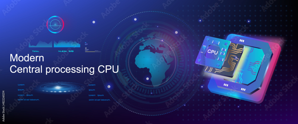 Poster powerful new generation stream processor. cyber banner with cpu on futuristic background. game proce