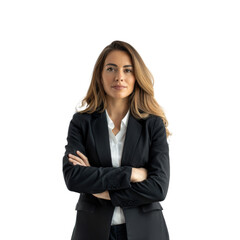 Obraz premium A woman in a business suit is standing with her arms crossed, isolated on transparent background