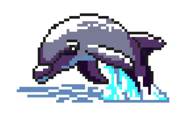 Fototapeta premium Dolphin icon for summer holidays in pixel art style. Inspired by games from the 80s, 90s. Design for mobile games, postcards, stickers. Vector illustration.