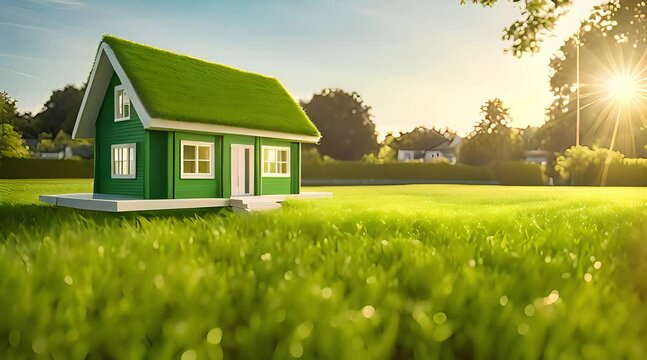 The image portrays a conceptual representation of a green home and environmentally friendly construction. It includes a house icon placed on a lush green lawn, with the sun shining overhead
