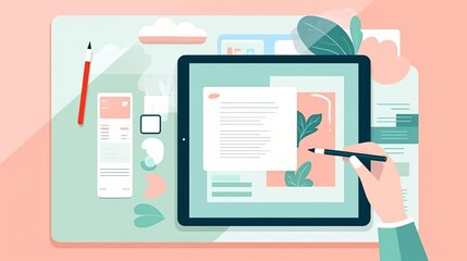 Flat lay illustration of digital tablet on desk with stylus, notebook, and office supplies in pastel colors.