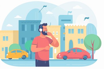 Man with headphones enjoying music while walking in city with colorful buildings and cars around.