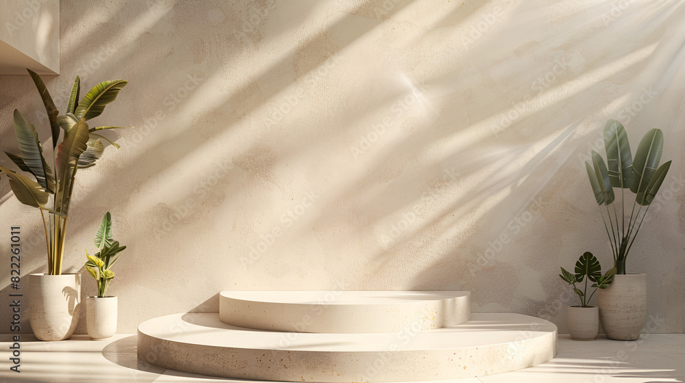 Poster empty white podium on white color background, product stand. 3d rendering,marble showcase podiums an
