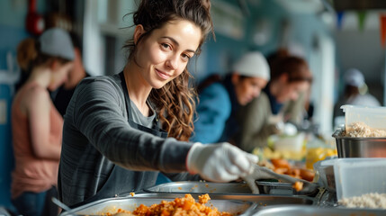 volunteers assisting individuals in need, serving meals at homeless shelter, offering emotional support to disaster survivors. Captures spirit of empathy in action, community members supporting,