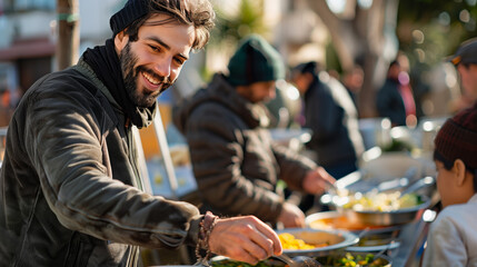 volunteers assisting individuals in need, serving meals at homeless shelter, offering emotional support to disaster survivors. Captures spirit of empathy in action, community members supporting,