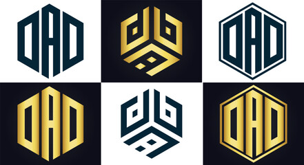 DAD logo. D A D design. White DAD letter. DAD, D A D letter logo design. D A D letter logo design in FIVE, FOUR, THREE, style. letter logo set in one artboard. D A D letter logo vector design.	
