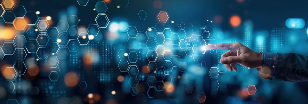 Businessman touching on digital graph and cityscape background