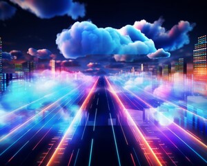 Obraz premium Brightly lit cloud icons with digital trails in a hightech setting selective focus, data storage, dynamic, Multilayer, Virtual environment