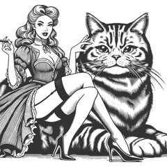 woman in stockings sitting beside a giant cat, exuding elegance and fantasy sketch engraving generative ai fictional character vector illustration. Scratch board imitation. Black and white image.