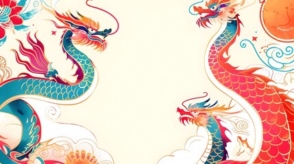 Vibrant Carnival or Chinese New Year Backdrop with Doodle Border Design and Blank Space for Mockup