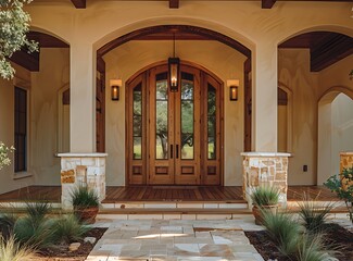 The front door of a luxury house in Texas, arched wooden front doors with windows on each side, 