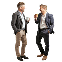 Two men in suits are standing next to each other, one of them holding a cup, isolated on transparent background