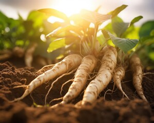 Harvested cassava roots laying on soil with sunlit background selective focus, farming, ethereal, Multilayer, Rural area