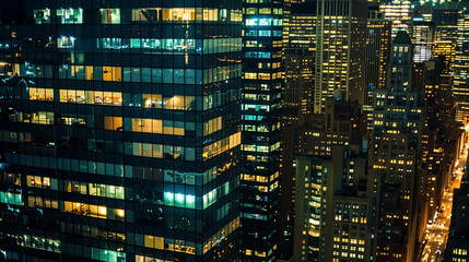 A busy financial area at night is illuminated.