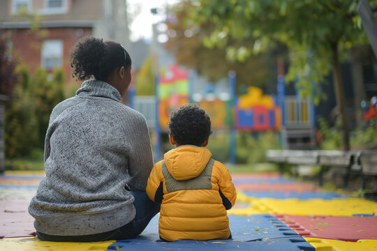 Black Childcare Worker and Child at Playground