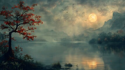 Obraz premium Captivating Autumn Sunset Landscape with Serene River Reflections and Vibrant Foliage