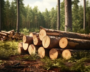 Timber logs arranged in a clearing surrounded by trees focus on, logging industry, vibrant, Overlay, Woodland