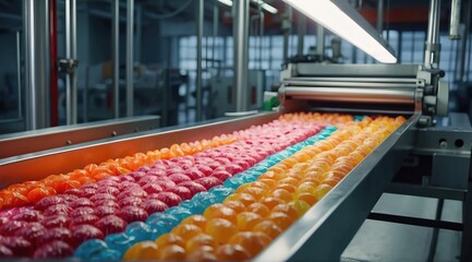 Candy Production Line in Factory. Conveyor belt filled with colorful candies in a modern food processing