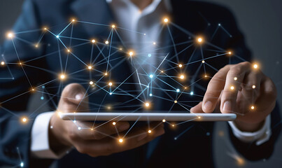 A business professional using a digital tablet with a virtual overlay of interconnected nodes, representing CRM technology and global networks