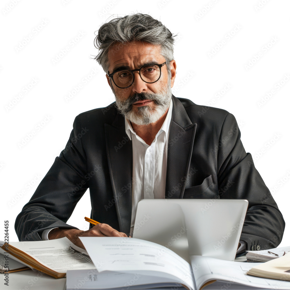 Poster a man in a suit is sitting at a desk with a laptop and a stack of papers, isolated on transparent ba