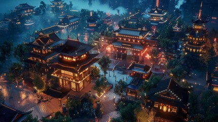 Obraz premium 3d city chopper of chinese temple, in the style of night photography.