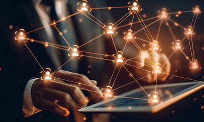 A businessman using a digital tablet to manage customer relationships, featuring a virtual network overlay of interconnected icons, representing CRM and global communication