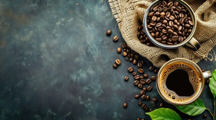 Coffee cup and coffee beans on a rustic background
