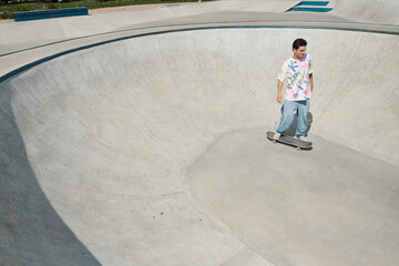 A young man skillfully rides his skateboard at a vibrant skate park on a sunny summer day,...