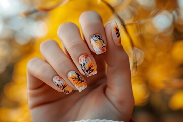 A Woman's Hand With Leaves Painted On Her Long Nails Autumn-Themed Nail Art