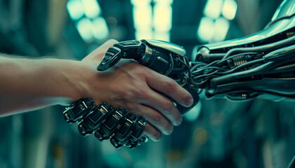 Robot and human shaking hands - ai generative