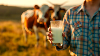 A farmer holding a glass with fresh milk at the end of the day with his cattle on the background. 