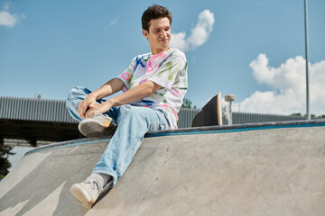 A young man sits confidently on a skateboard ramp in a vibrant outdoor skate park on a sunny summer...