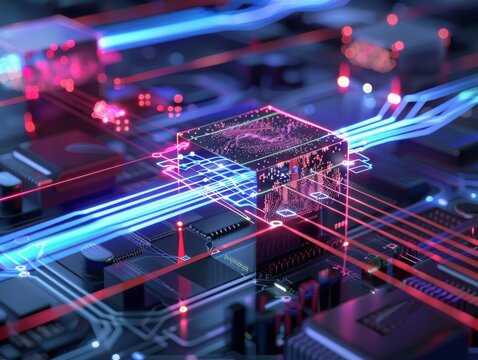 High-tech lab with quantum computing equipment and digital readouts