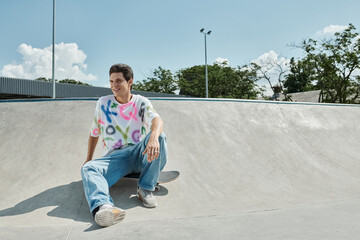 A young skater boy sits on his skateboard at a vibrant skate park on a sunny day, ready to kick and...