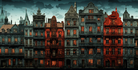 Fototapeta premium Abstact european city buildings in noir comic book art style