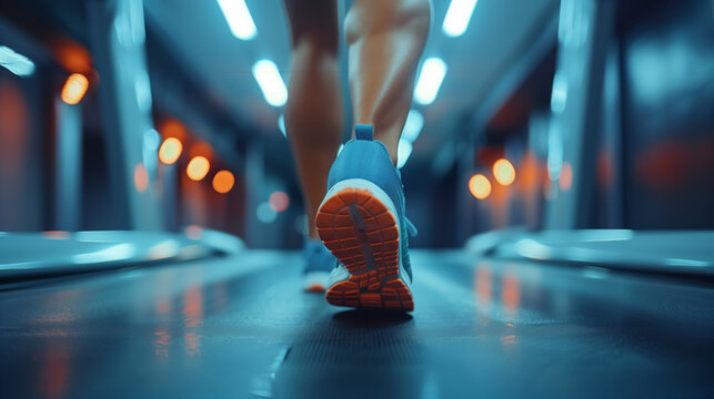 Someone running on a treadmill or doing high intensity interval training (HIIT) to elevate their heart rate and burn calories, exhilaration and effort exercise in improving aerobic fitness endurance.