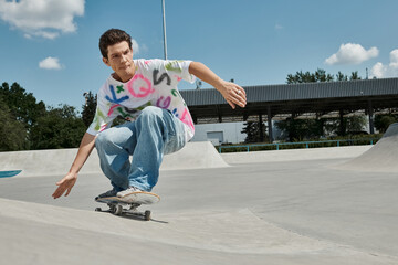 A young skater boy confidently rides his skateboard down the side of a ramp in a sunny outdoor...