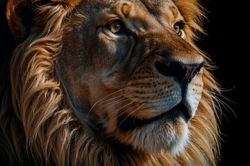 Naklejka premium Close-up of a lion's face on a black background