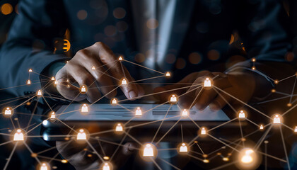 A businessman using a digital tablet to engage with a virtual network of customer and HR icons, demonstrating advanced technology for CRM and recruitment