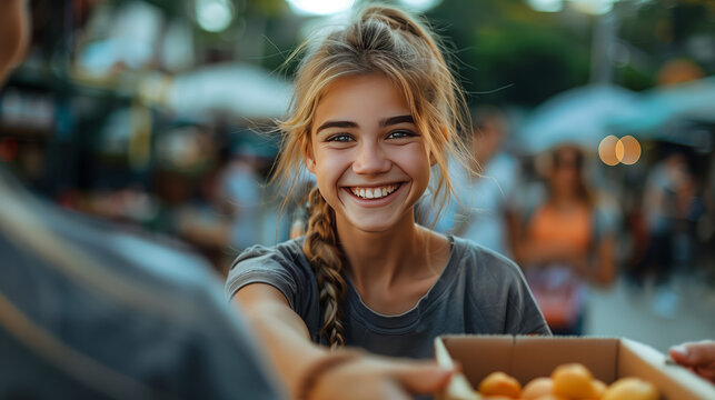 Someone performing random act of kindness helping stranger in need, offering warm smile. Captures compassion, generosity of love in action, spreading warmth, happiness.
