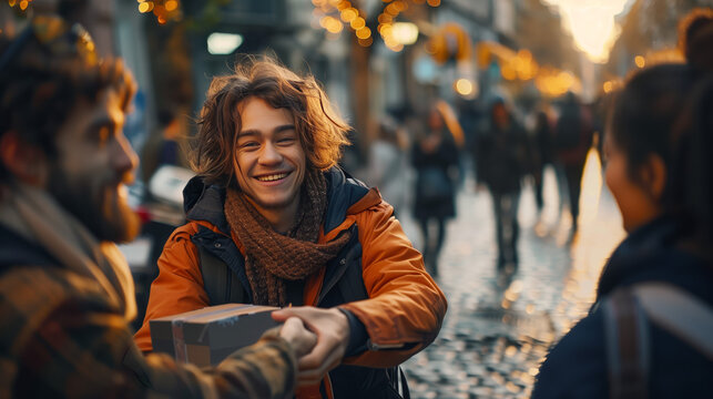 Someone performing random act of kindness helping stranger in need, offering warm smile. Captures compassion, generosity of love in action, spreading warmth, happiness.