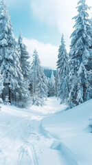 Obraz premium Snow-Covered Pine Trees on a Tranquil Hill with Pristine White Snow Under Clear Winter Sky, Capturing Serene Nature in Winter Wonderland for Seasonal and Travel Themes