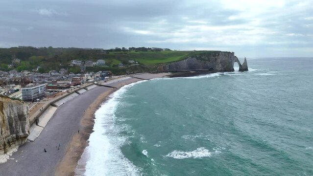 Etretat Porte dAval France Normandy Cliffs of Etretat Atlantic arches 4k drone 