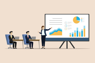 Business team meeting and training collaboration with business people presentation infographic data on projector screen dashboard concept, meeting to lead to business success.