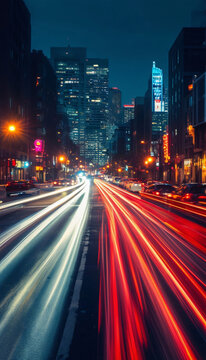 A flow of traffic on a night street in a city with buildings.