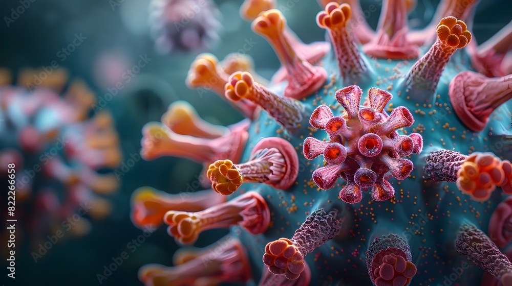 Poster detailed view of microscopic viral structure with vibrant colors and intricate patterns