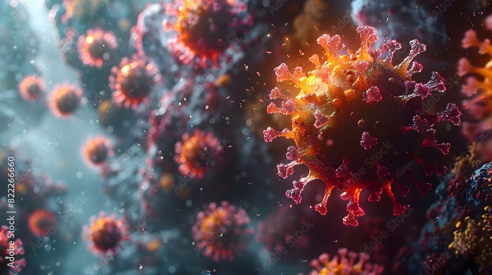 Poster Detailed Microscopic View of Viral Pathogen Outbreak with Futuristic Digital Visualization