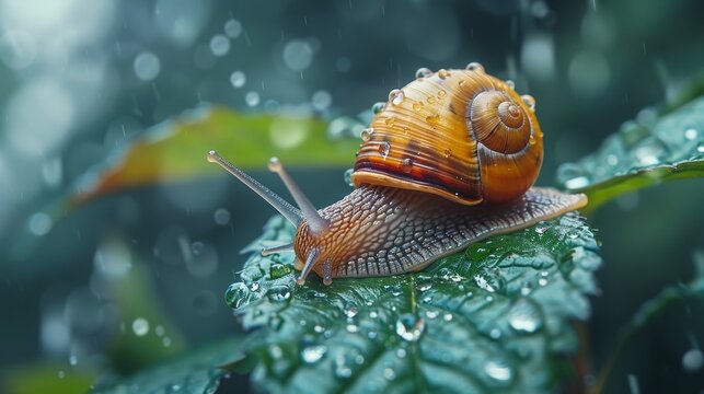 macro shot of a snail moving on a leaf, depicting nature and wildlife ideal for banners on the theme