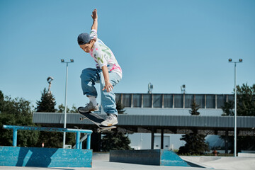 A young skater boy defies gravity as he rides his skateboard up the side of a ramp in a vibrant...